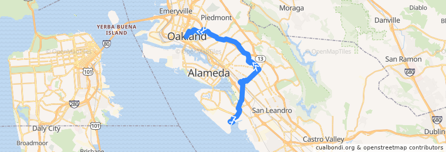 Mapa del recorrido AC Transit 805: Oakland International Airport => Downtown Oakland de la línea  en 奥克兰/奧克蘭/屋崙.