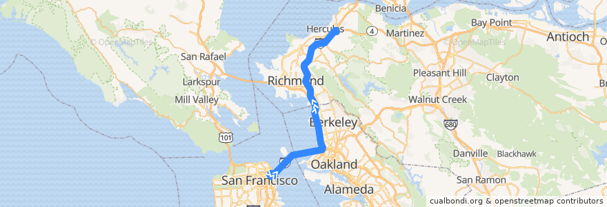 Mapa del recorrido WestCAT Lynx: San Francisco => Hercules (midday and evenings) de la línea  en 캘리포니아주.