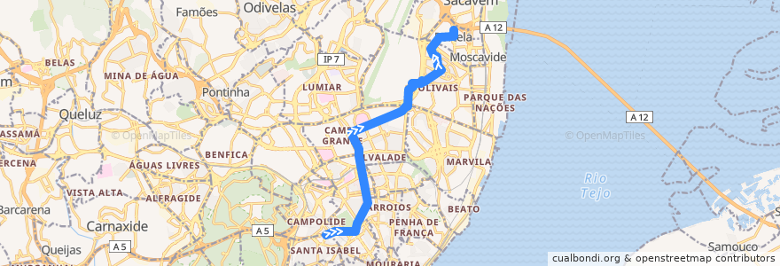 Mapa del recorrido Bus 783: Amoreiras (Centro Comercial) → Portela - Rua Mouzinho de Albuquerque de la línea  en لیسبون.