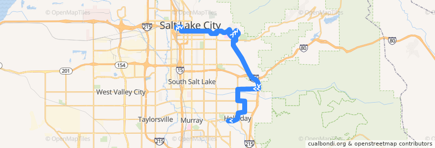 Mapa del recorrido UTA Route 228 Foothill/2700 East (to Murray Holladay & Highland) de la línea  en Salt Lake County.