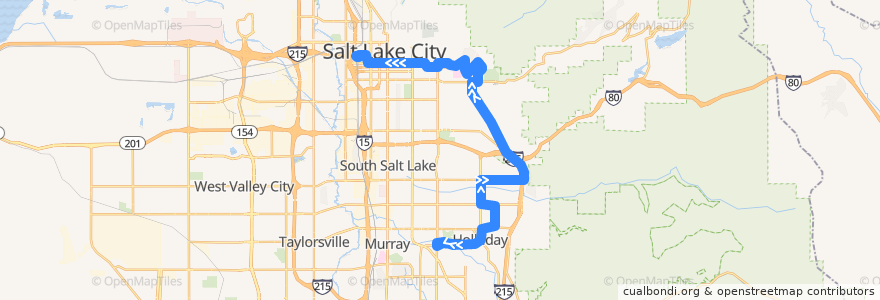 Mapa del recorrido UTA Route 228 Foothill/2700 East (to Salt Lake Central Station) de la línea  en Salt Lake County.