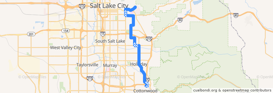 Mapa del recorrido UTA Route 223 2300 East/Holladay Boulevard (to University of Utah) de la línea  en Salt Lake County.