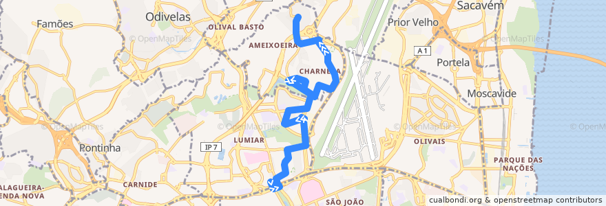 Mapa del recorrido Bus 798: Campo Grande (Metro) → Galinheiras de la línea  en Lisboa.