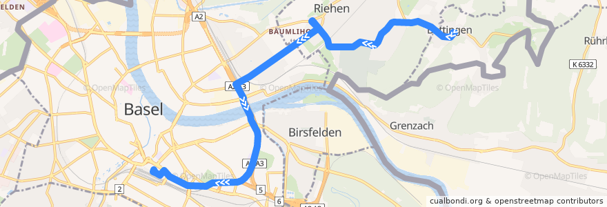 Mapa del recorrido Bus 42: Bettingen Dorf => Basel Bahnhof SBB (Direktkurse) de la línea  en Basel-City.