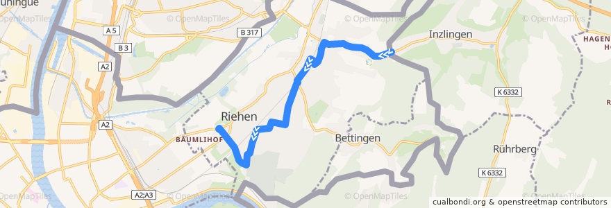 Mapa del recorrido Bus 35: Riehen Inzlinger Zoll => Riehen Habermatten de la línea  en Riehen.