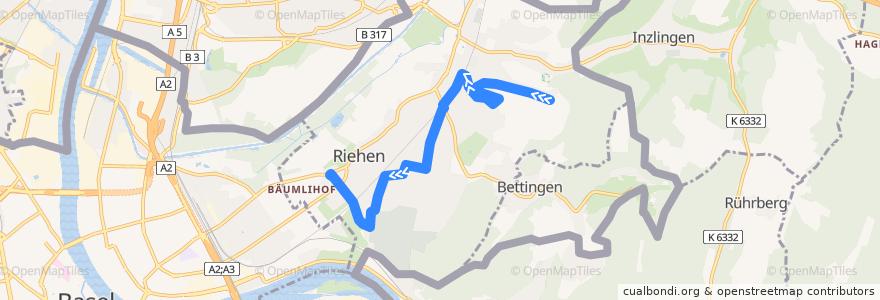 Mapa del recorrido Bus 45: Riehen Chrischonaweg => Riehen Habermatten de la línea  en Riehen.