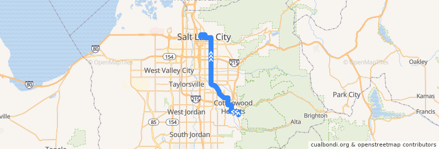 Mapa del recorrido UTA Route 307 Cottonwood Heights Fast Bus (to Downtown Salt Lake) de la línea  en Salt Lake County.