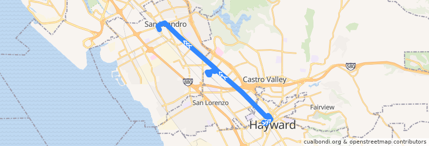 Mapa del recorrido AC Transit 10: Hayward BART => San Leandro BART de la línea  en Condado de Alameda.