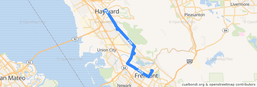 Mapa del recorrido AC Transit 99: Hayward BART => Fremont BART de la línea  en مقاطعة ألاميدا (كاليفورنيا).