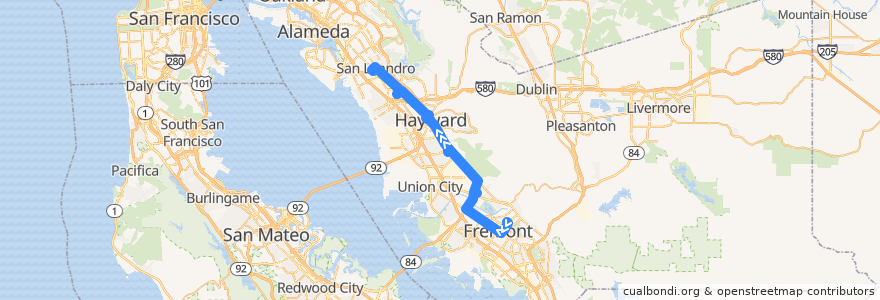 Mapa del recorrido AC Transit 801: Fremont BART => San Leandro BART de la línea  en Аламида.