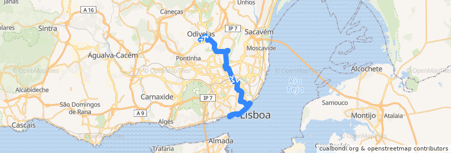 Mapa del recorrido Bus 206: Odivelas → Cais do Sodré de la línea  en Lisboa.