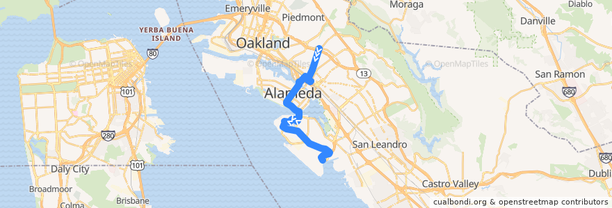 Mapa del recorrido AC Transit 21: Dimond District => Oakland International Airport de la línea  en 阿拉梅达县/阿拉米達縣/阿拉米達郡.