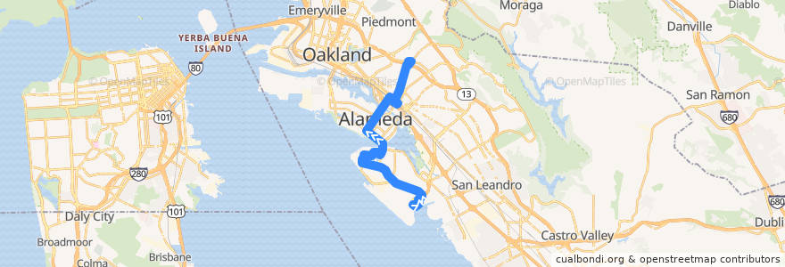 Mapa del recorrido AC Transit 21: Oakland International Airport => Dimond District de la línea  en Alameda County.