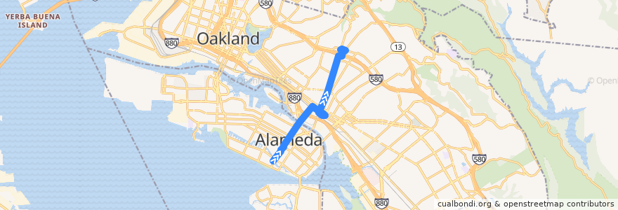 Mapa del recorrido AC Transit 20: South Shore Center => Dimond District (late nights) de la línea  en 阿拉梅达县/阿拉米達縣/阿拉米達郡.