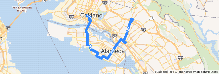Mapa del recorrido AC Transit 20: Downtown Oakland => Dimond District de la línea  en شهرستان آلامدا، کالیفرنیا.