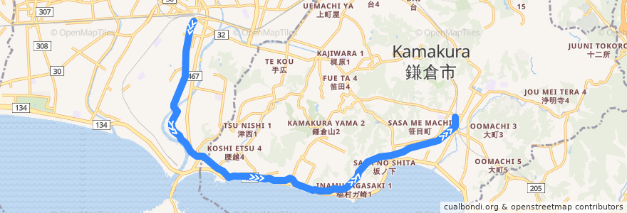 Mapa del recorrido 江ノ島電鉄 de la línea  en Prefettura di Kanagawa.