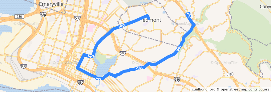 Mapa del recorrido AC Transit 33: Montclair => Piedmont de la línea  en 奥克兰/奧克蘭/屋崙.