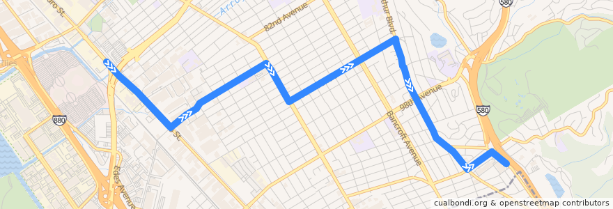 Mapa del recorrido AC Transit 90: Coliseum BART => Foothill Square de la línea  en 奥克兰/奧克蘭/屋崙.
