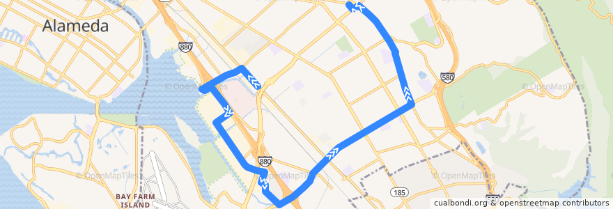 Mapa del recorrido AC Transit 98: Coliseum BART => Eastmont Transit Center de la línea  en 奥克兰/奧克蘭/屋崙.