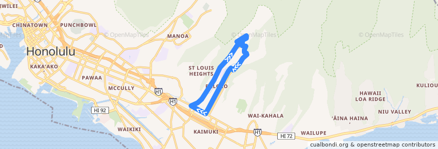 Mapa del recorrido TheBus Route 9S Palolo Valley de la línea  en Honolulu.