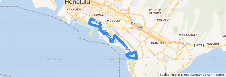 Mapa del recorrido TheBus Route 8 Waikiki-Ala Moana de la línea  en Honolulu.