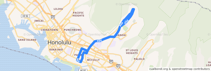 Mapa del recorrido TheBus Route 5 Ala Moana-Manoa de la línea  en Honolulu.