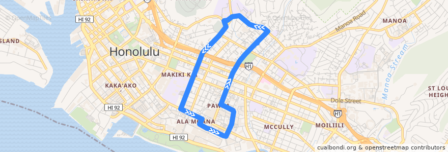Mapa del recorrido TheBus Route 17 Makiki-Ala Moana de la línea  en Honolulu.