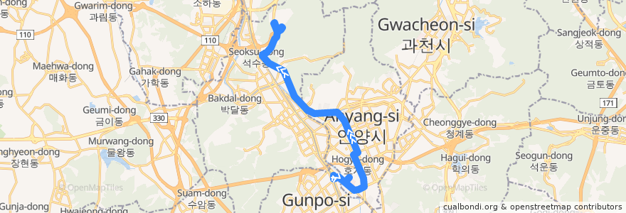 Mapa del recorrido 안양 버스 6-2 → 경인교육대 de la línea  en 안양시.