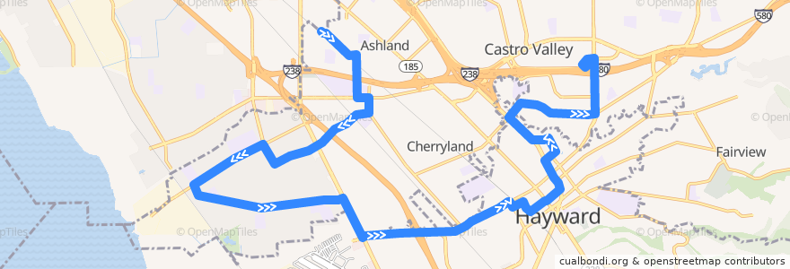 Mapa del recorrido AC Transit 93: Bay Fair BART => Castro Valley BART de la línea  en Alameda County.