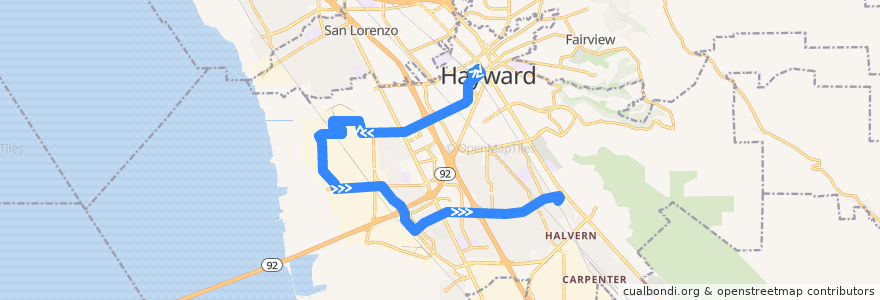 Mapa del recorrido AC Transit 86: Hayward BART => South Hayward BART de la línea  en 海沃德.
