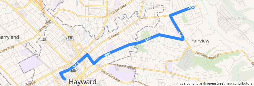Mapa del recorrido AC Transit 95: Fairview District => Hayward BART de la línea  en 阿拉梅达县/阿拉米達縣/阿拉米達郡.