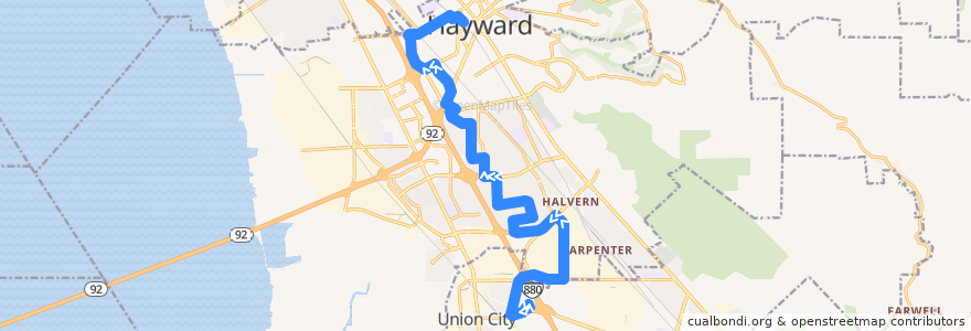 Mapa del recorrido AC Transit 56: Union Landing Transit Center => Hayward BART de la línea  en Hayward.