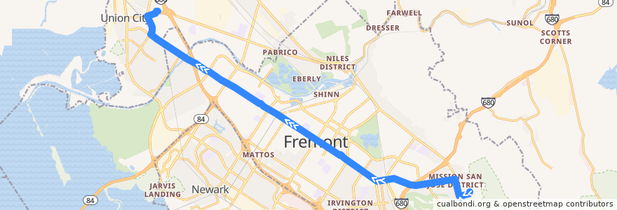 Mapa del recorrido AC Transit 210: Ohlone College => Union Landing Transit Center de la línea  en Fremont.