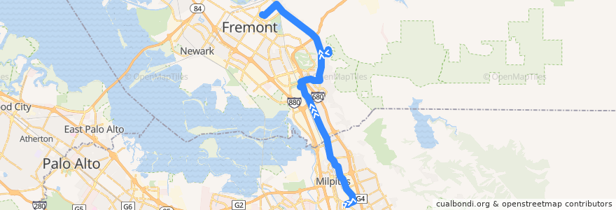 Mapa del recorrido AC Transit 217: Milpitas BART => Fremont BART de la línea  en 캘리포니아주.