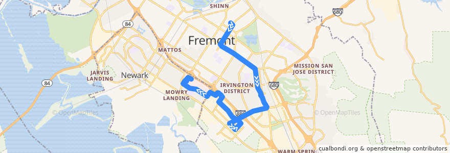 Mapa del recorrido AC Transit 212: Fremont BART => Pacific Commons => NewPark Mall (weekdays) de la línea  en 費利蒙.