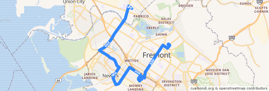 Mapa del recorrido AC Transit 200: Union City BART => Fremont BART (weekdays) de la línea  en 費利蒙.