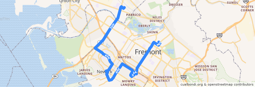 Mapa del recorrido AC Transit 200: Fremont BART => Union City BART (weekdays) de la línea  en 費利蒙.