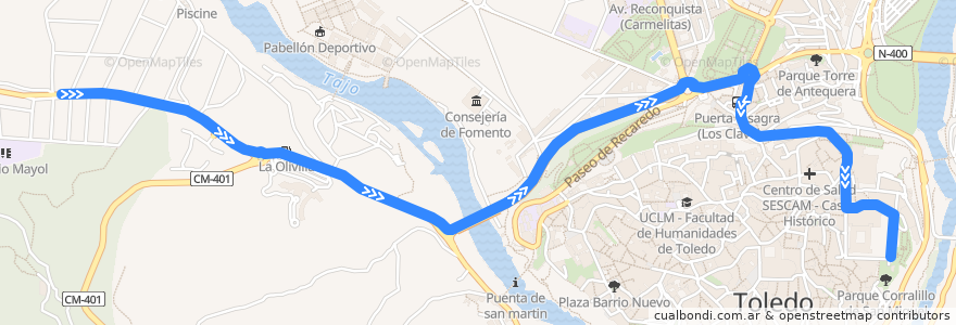 Mapa del recorrido Línea 72: Zocodover → Olivilla → Carretera Navalpino de la línea  en Toledo.