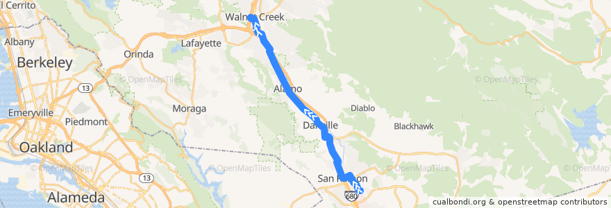 Mapa del recorrido County Connection 21: San Ramon Transit Center => Walnut Creek BART de la línea  en Contra Costa County.