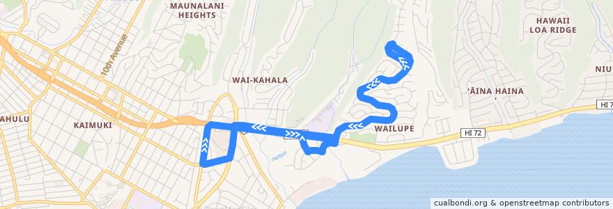 Mapa del recorrido TheBus Route 235 Kahala Mall-Waialae Iki de la línea  en Honolulu.