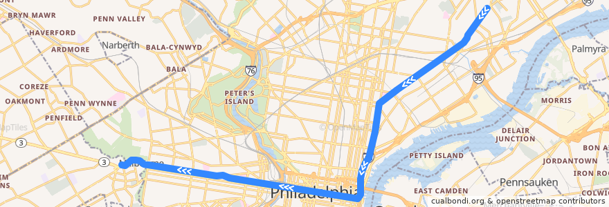 Mapa del recorrido SEPTA Market-Frankford Line: Frankford => 69th Street de la línea  en Philadelphia.