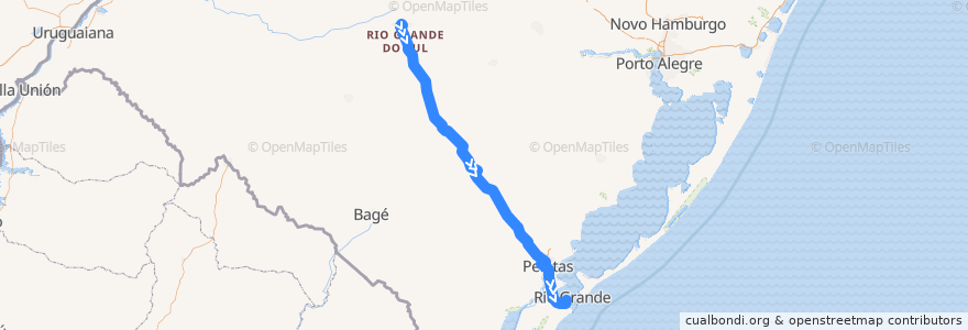 Mapa del recorrido Santa Maria → Rio Grande de la línea  en Риу-Гранди-ду-Сул.