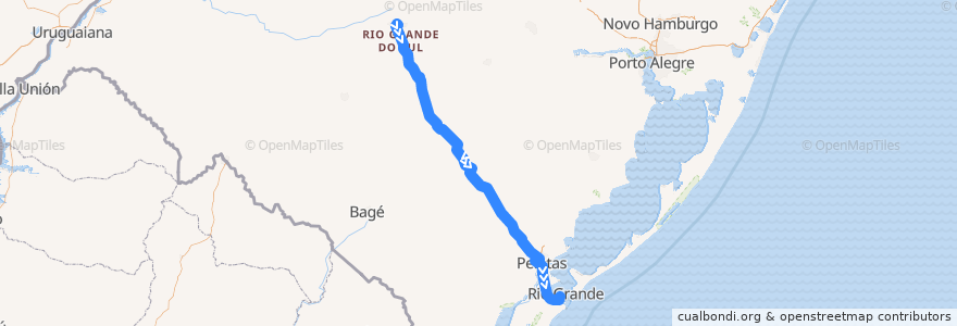 Mapa del recorrido Santa Maria → Rio Grande de la línea  en Rio Grande do Sul.