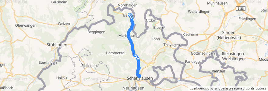 Mapa del recorrido Bus 23: Bargen SH, Dorf => Schaffhausen, Bahnhof de la línea  en Schaffhausen.