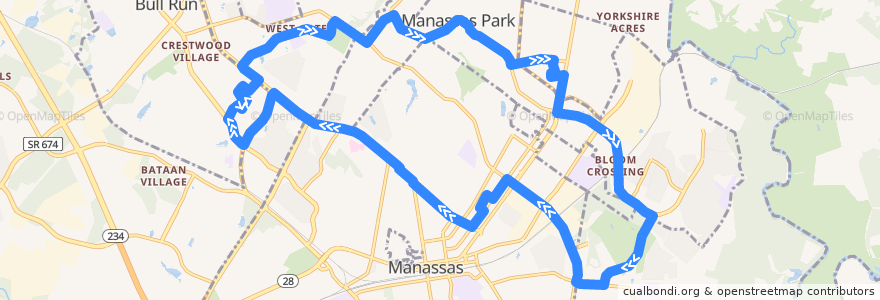 Mapa del recorrido PRTC Manassas Park OmniLink de la línea  en Prince William County.