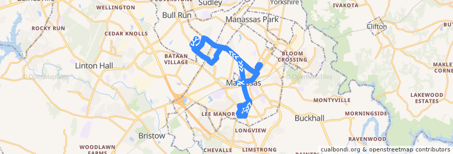 Mapa del recorrido PRTC Manassas OmniLink-South de la línea  en Prince William County.