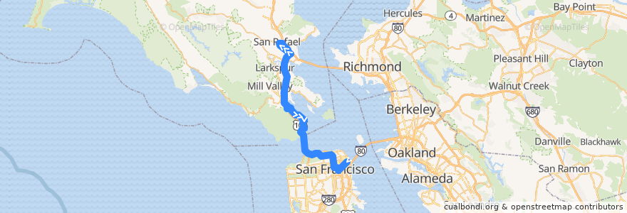 Mapa del recorrido Golden Gate Transit 30: San Rafael => San Francisco de la línea  en California.