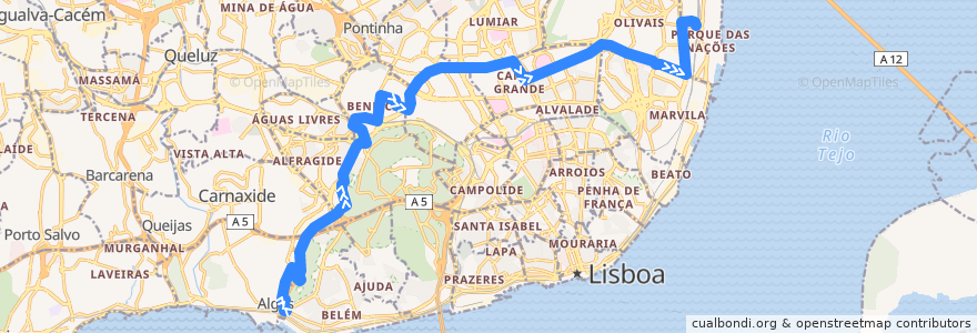 Mapa del recorrido Bus 750: Algés → Estação do Oriente (Interface) de la línea  en Lisboa.