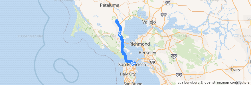 Mapa del recorrido Golden Gate Transit 70: San Francisco => Novato de la línea  en Kaliforniya.