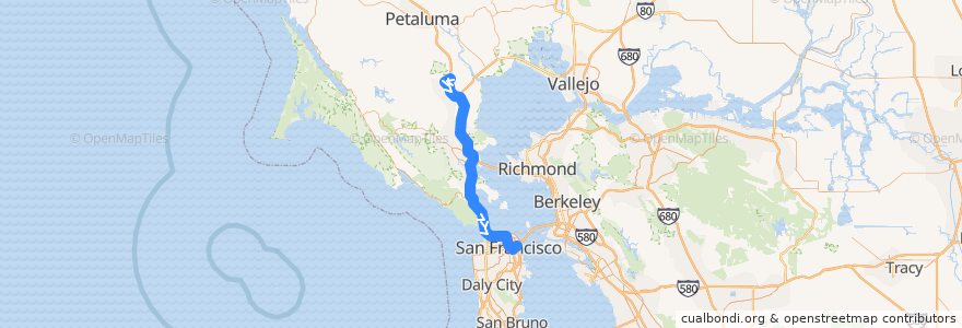 Mapa del recorrido Golden Gate Transit 54C: Novato => San Francisco (mornings) de la línea  en 加利福尼亚州/加利福尼亞州.